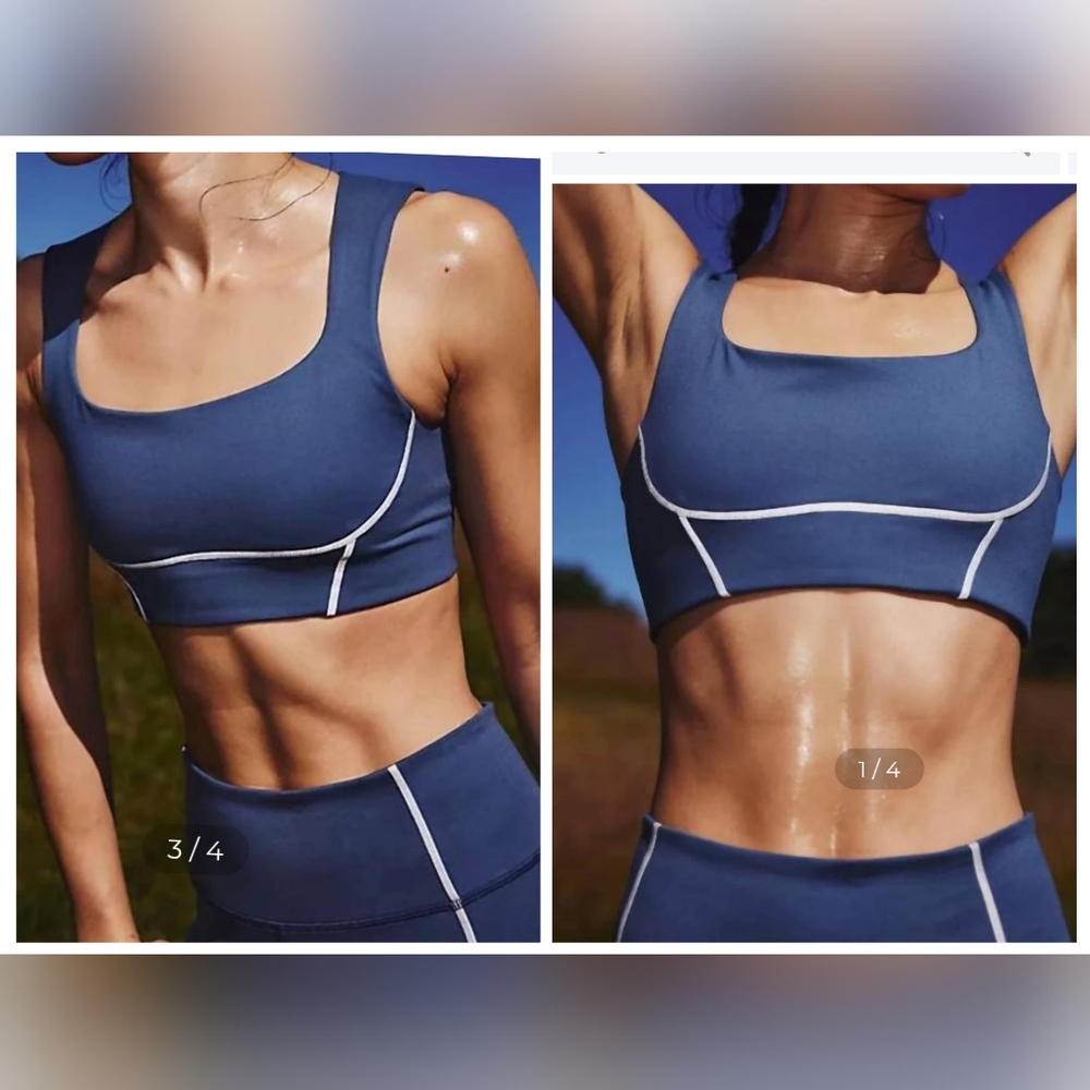 Free People YOURE A PEACH Blue Stone Sports Bra with White Piping